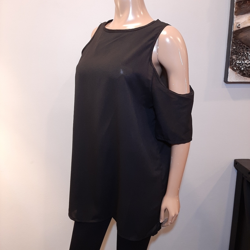 Cold Shoulder Tunic Top Mini Dress Short Sleeve Solid Black Semi Sheer - Picture 3 of 10